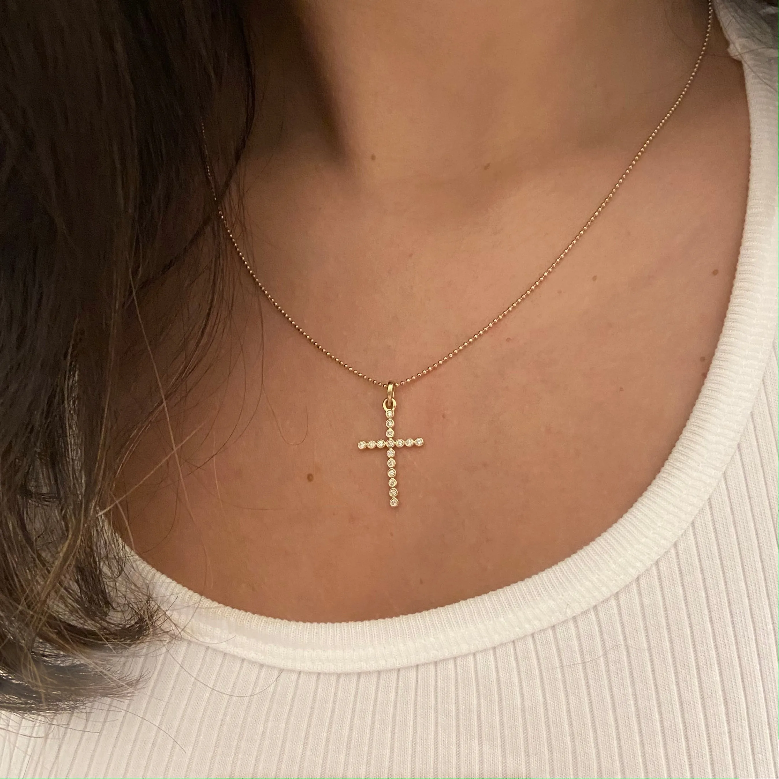 14k Diamond Cross Necklace Bezelled - Large