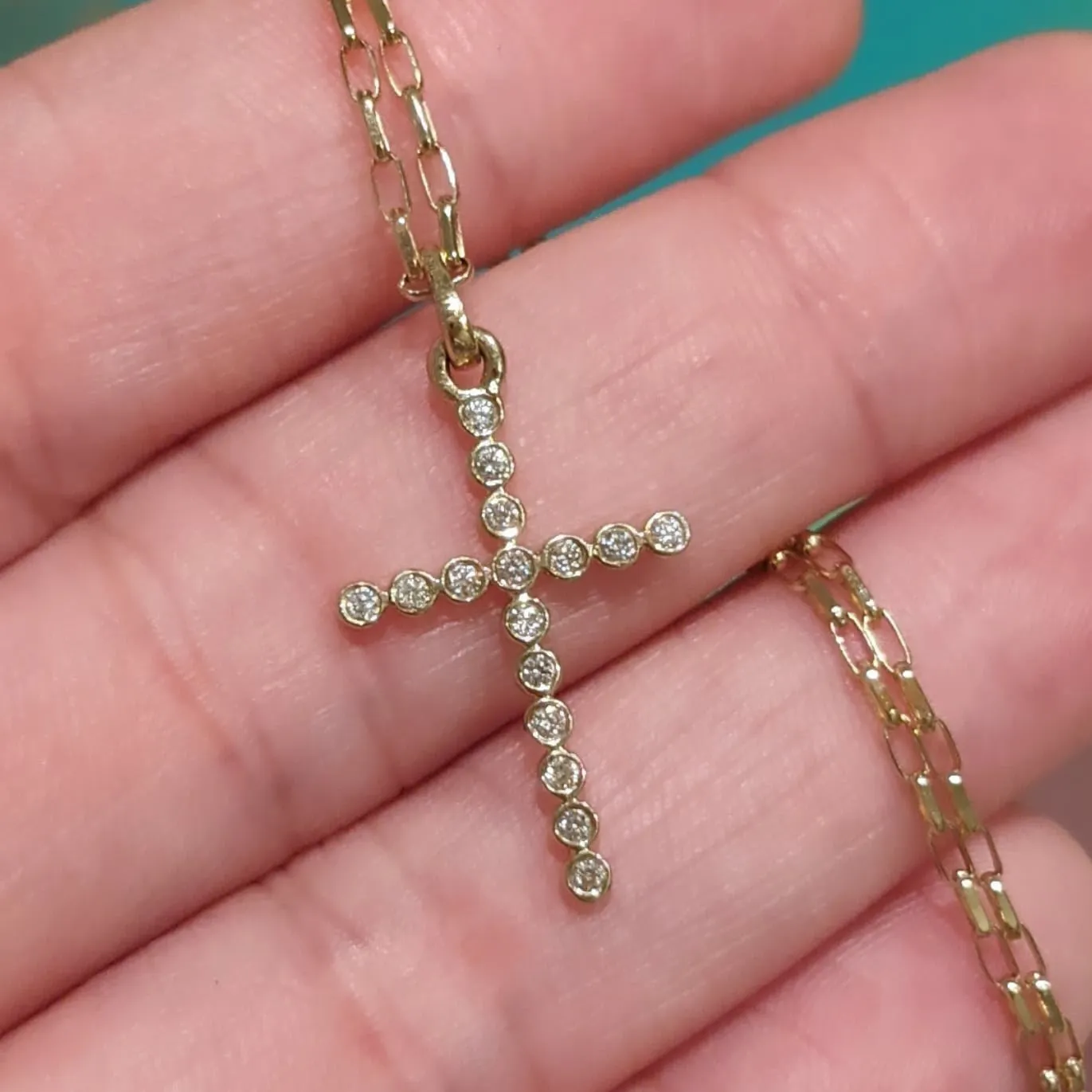 14k Diamond Cross Necklace Bezelled - Large