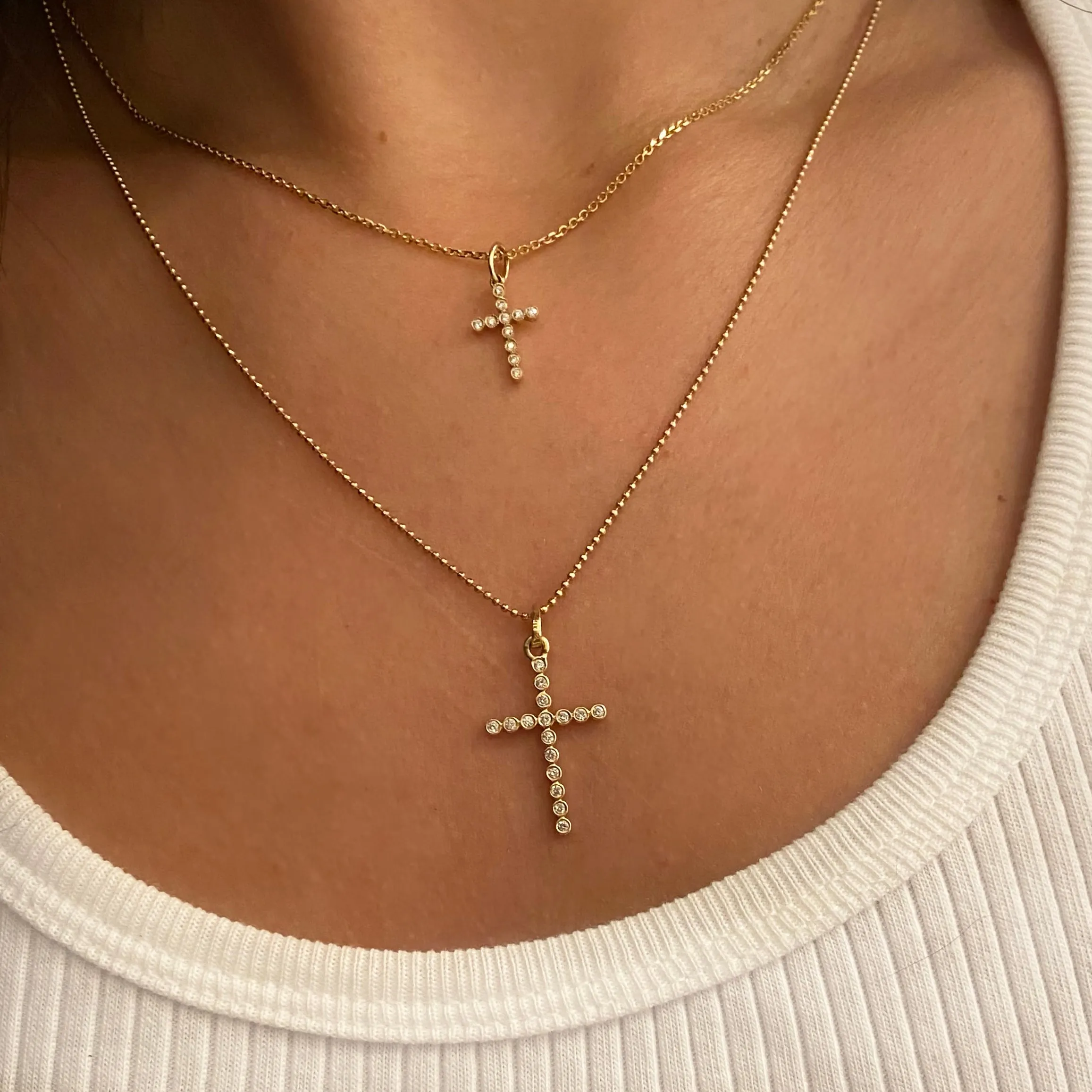 14k Diamond Cross Necklace Bezelled - Large