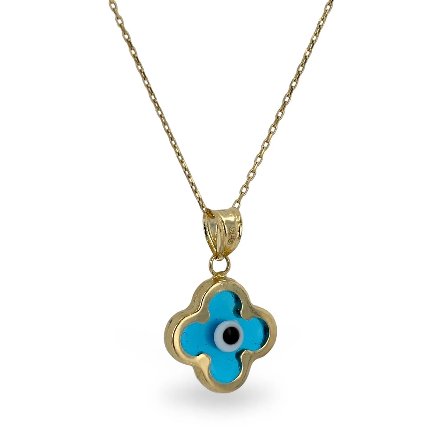 14K Yellow gold chain aqua clover pendant