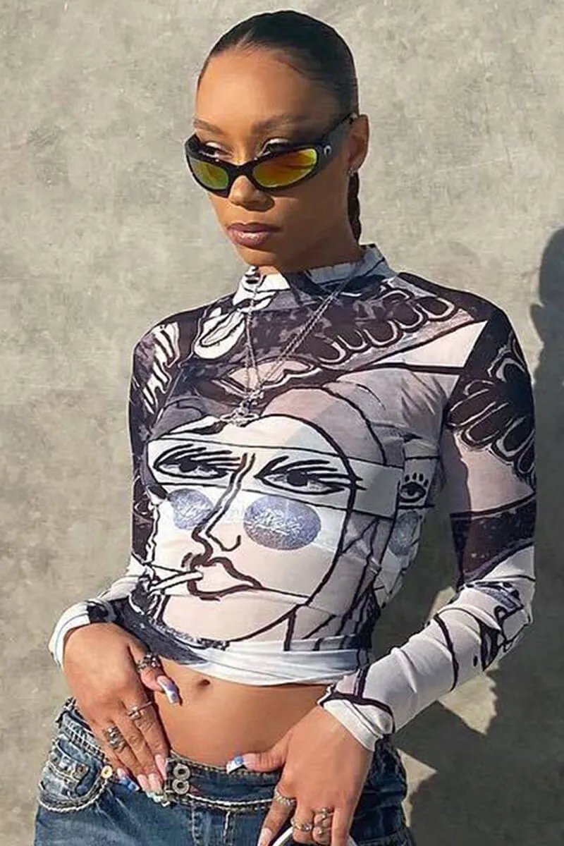 Abstract Face Mesh Long Sleeve Crop Top