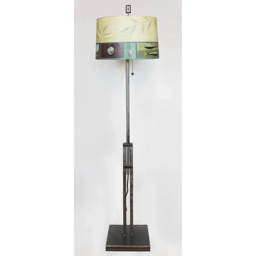 Adjustable-Height Steel Floor Lamp with Large Drum Shade in Twin Fish