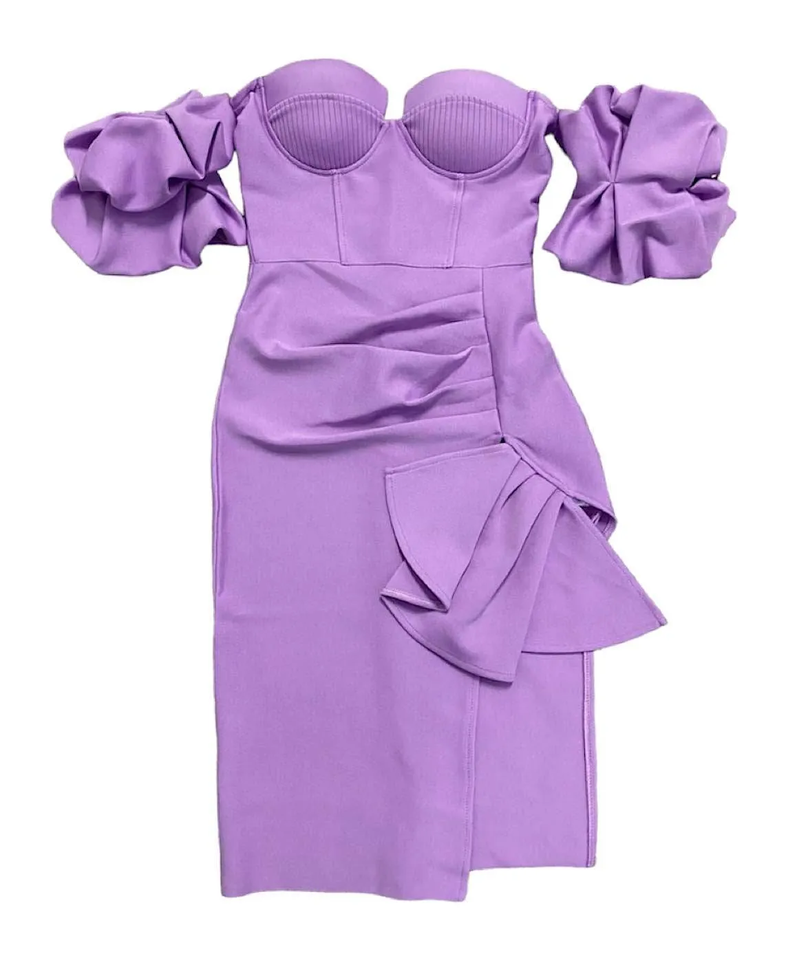 Asymmetrical Puffy Sleeve Midi Dress in Purple