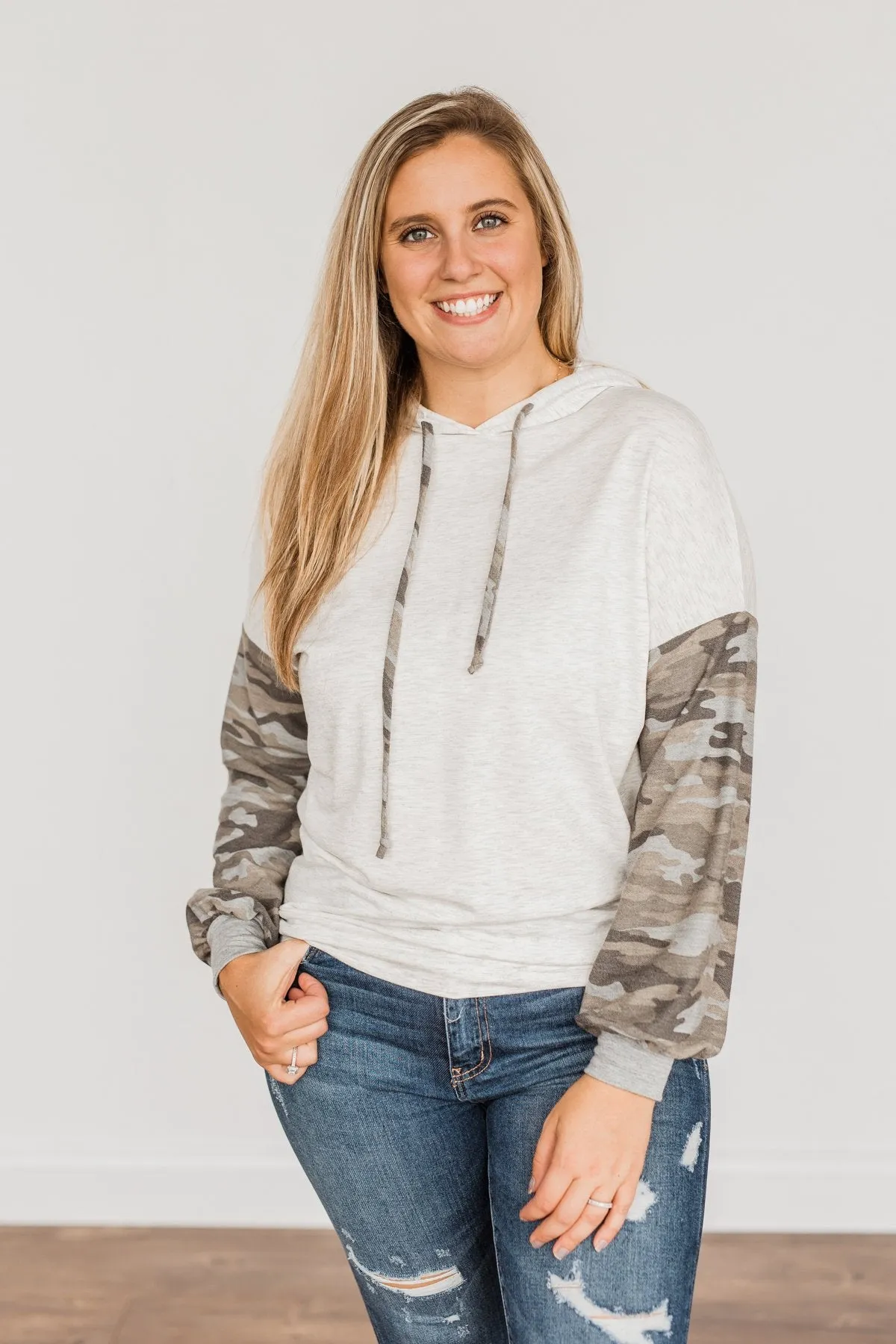 Back To Nature Drawstring Hooded Top- Heather Grey & Camo