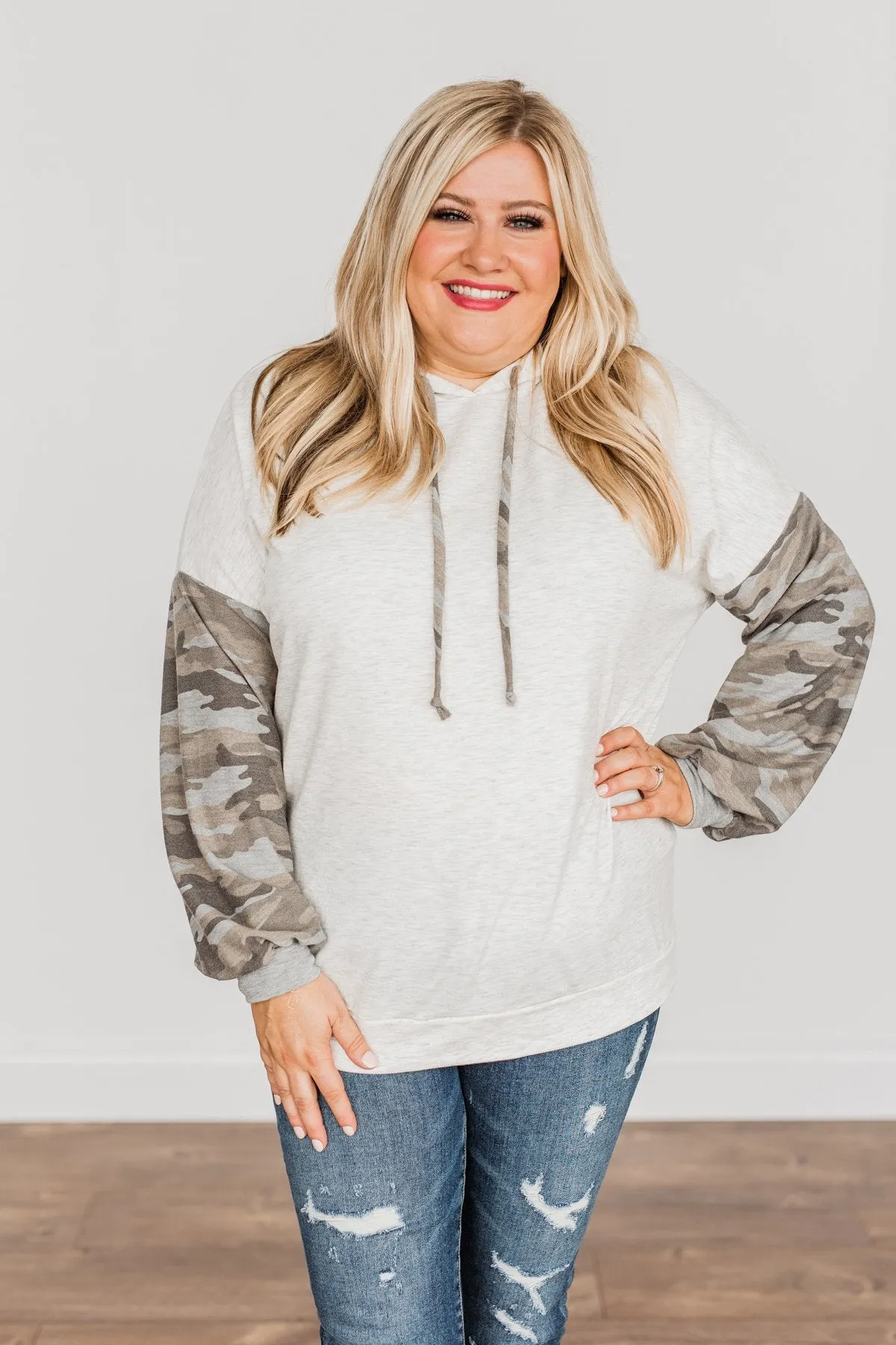 Back To Nature Drawstring Hooded Top- Heather Grey & Camo