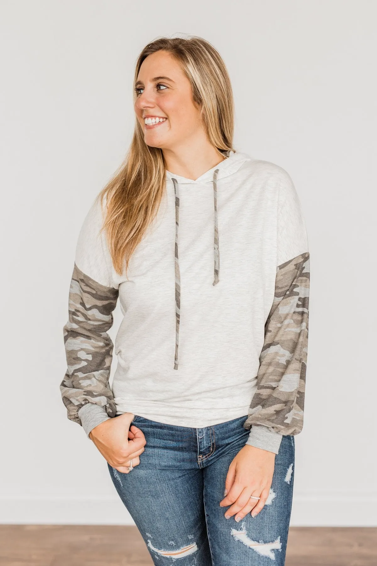 Back To Nature Drawstring Hooded Top- Heather Grey & Camo