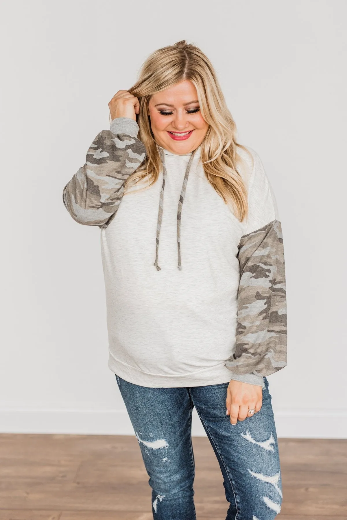 Back To Nature Drawstring Hooded Top- Heather Grey & Camo