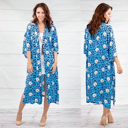 Blue Leopard, Daisy Flower print, Duster