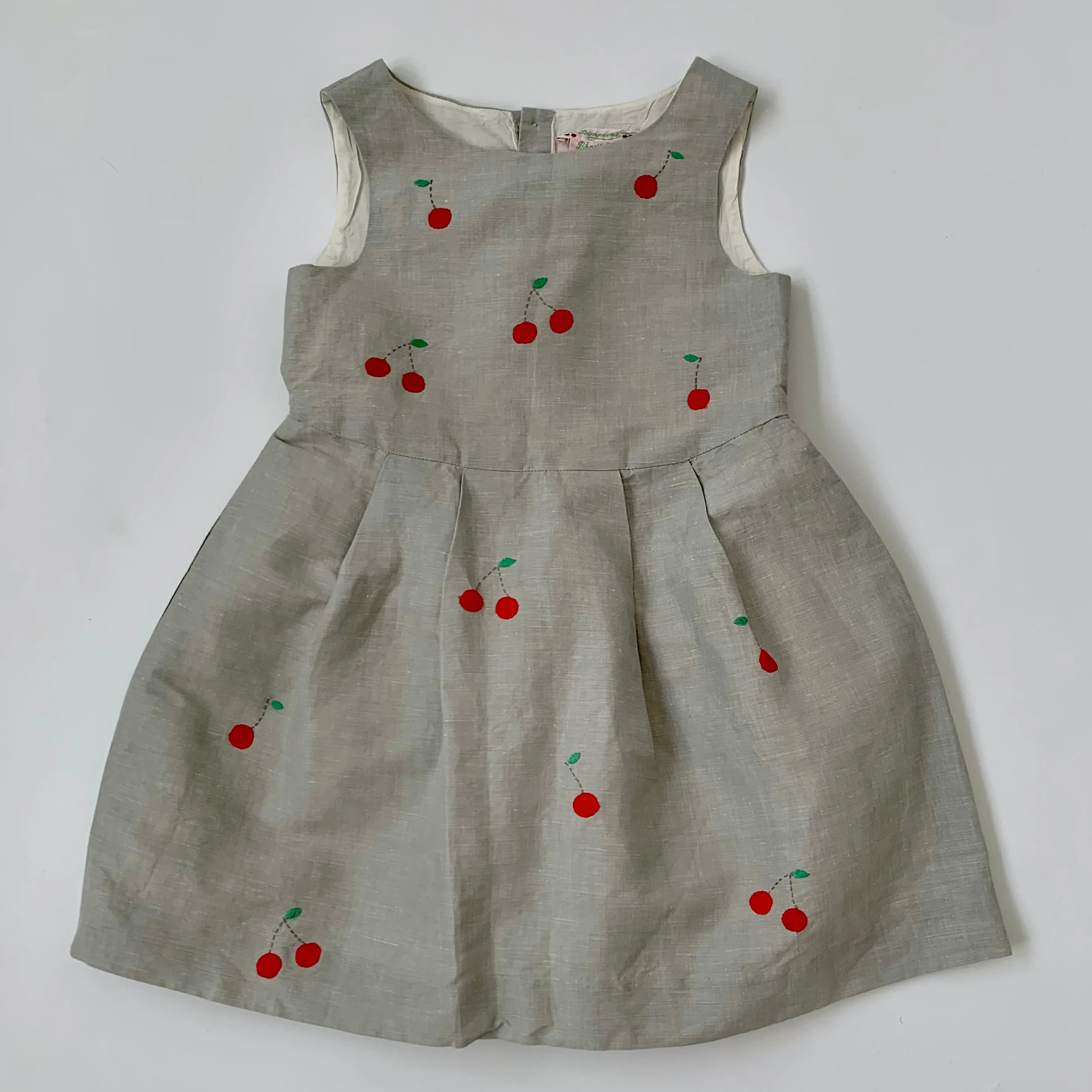 Bonpoint Grey Linen Dress With Cherry Embroidery: 6 Years