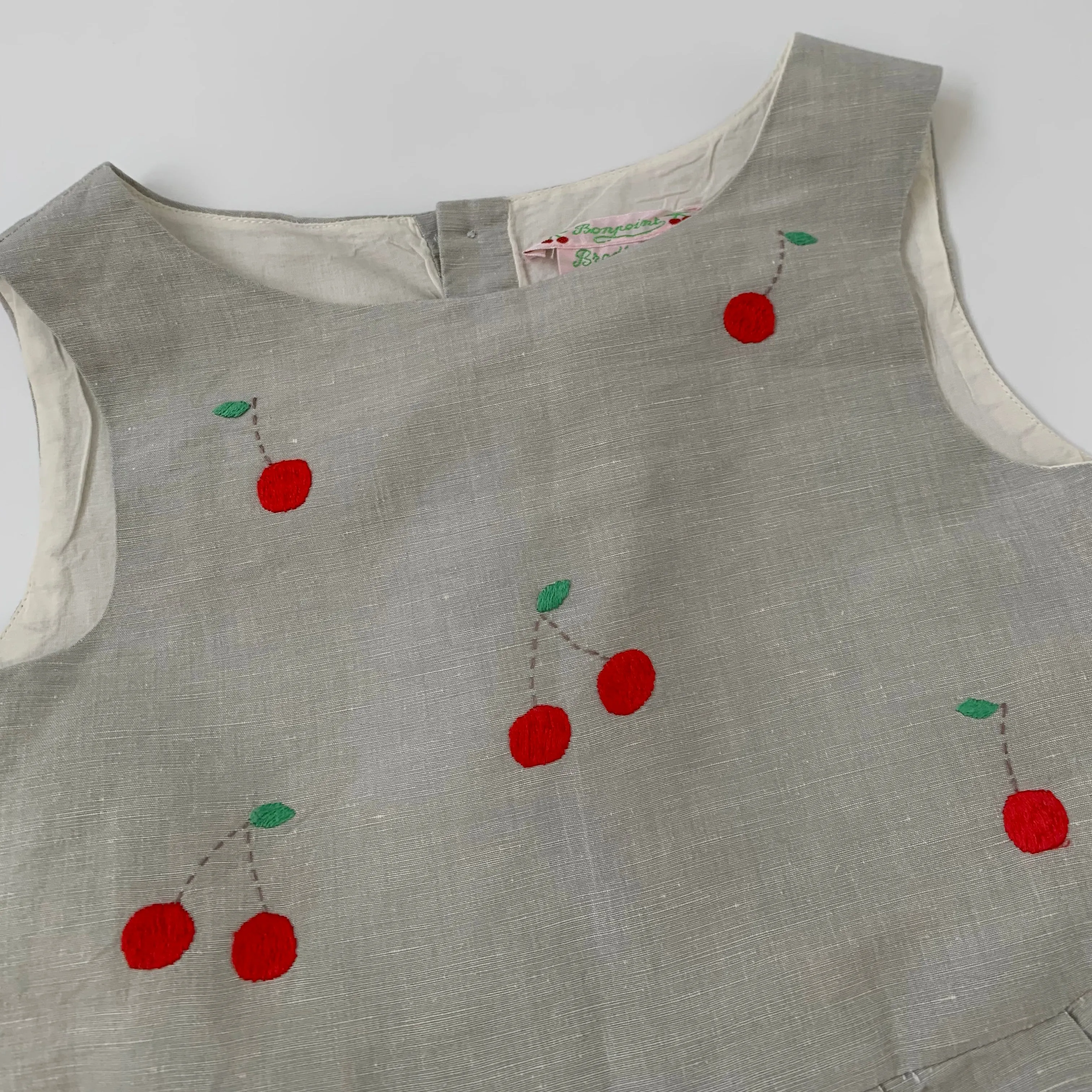 Bonpoint Grey Linen Dress With Cherry Embroidery: 6 Years