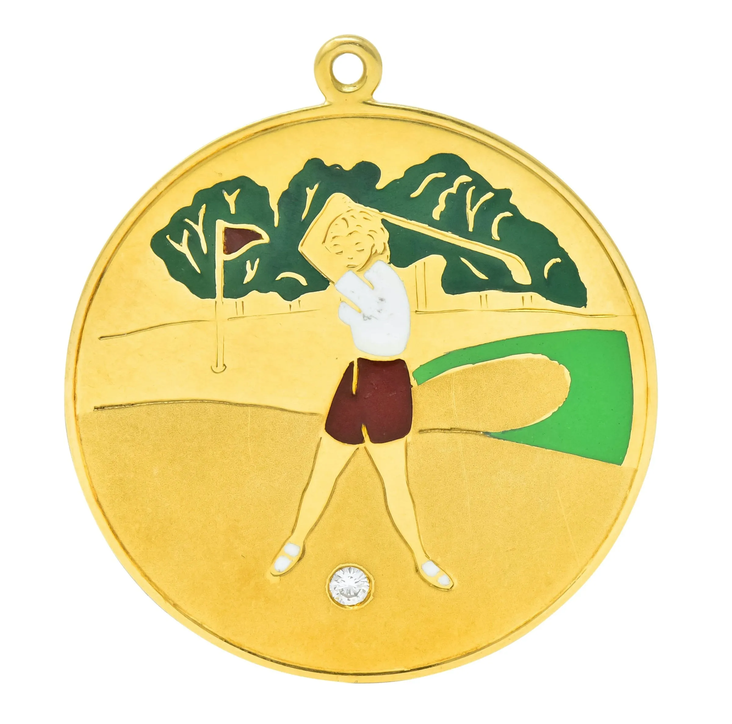 Cartier Mid-Century Diamond Enamel 14 Karat Gold Large Golfer Charm Pendant