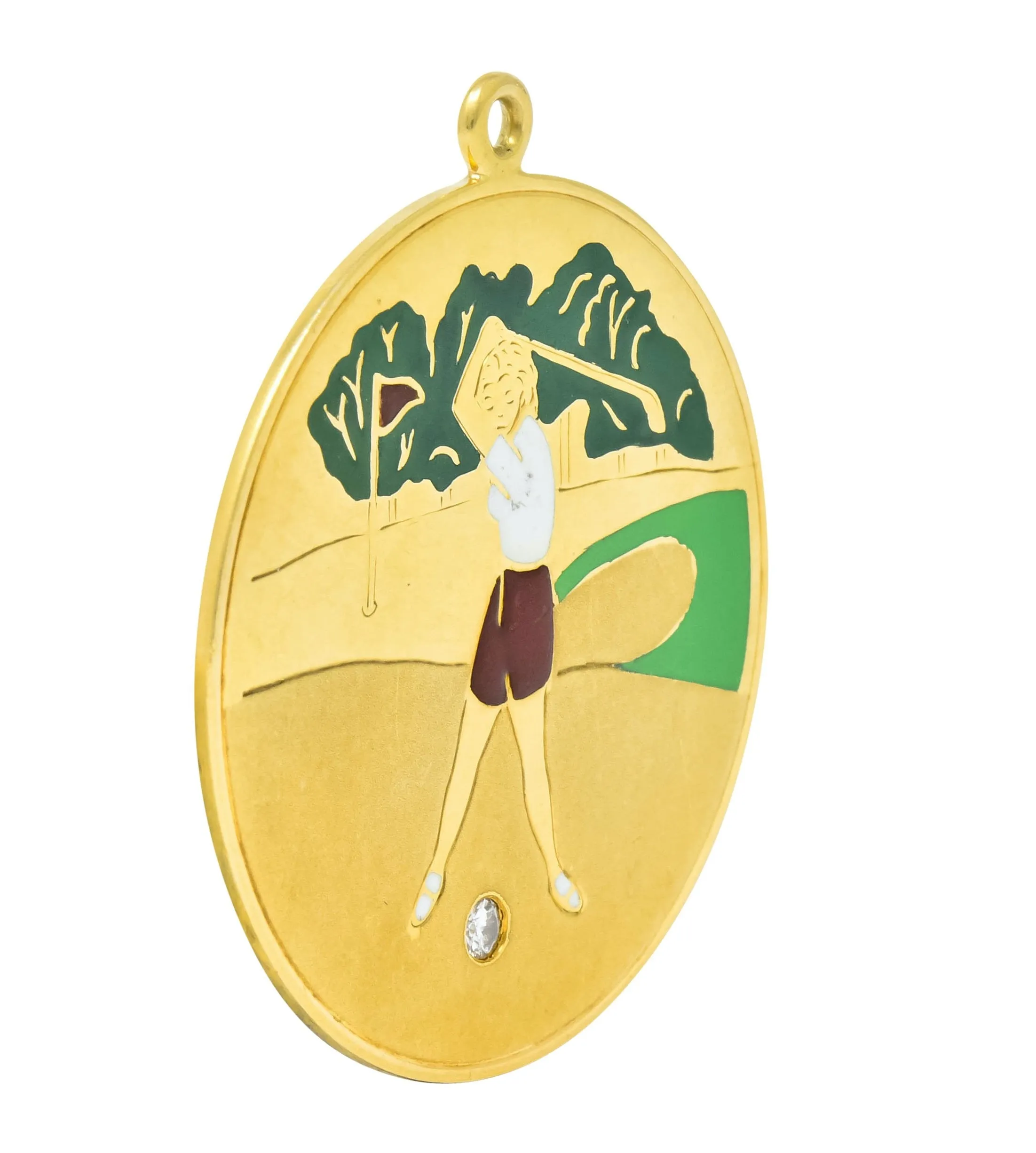 Cartier Mid-Century Diamond Enamel 14 Karat Gold Large Golfer Charm Pendant