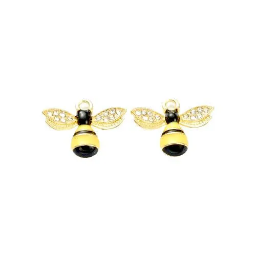 Charms, Bee, Light Gold Plated, Single-Sided, Yellow, Black, Enamel, Crystal Rhinestone Pave, 17mm