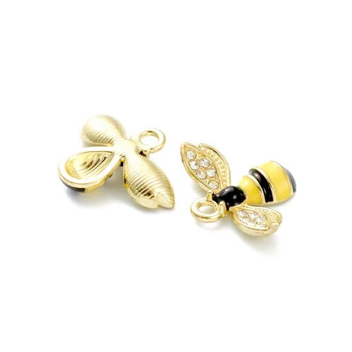 Charms, Bee, Light Gold Plated, Single-Sided, Yellow, Black, Enamel, Crystal Rhinestone Pave, 17mm