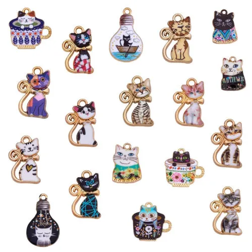 Charms, Cats, Single-Sided, Assorted, Multicolored, Enameled, Gold Plated, Alloy, 19.5-24.5mm