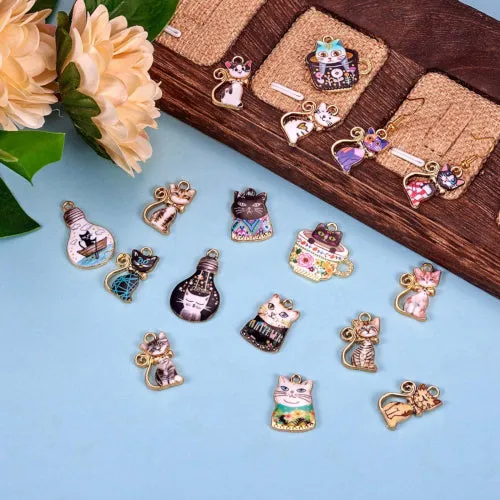 Charms, Cats, Single-Sided, Assorted, Multicolored, Enameled, Gold Plated, Alloy, 19.5-24.5mm