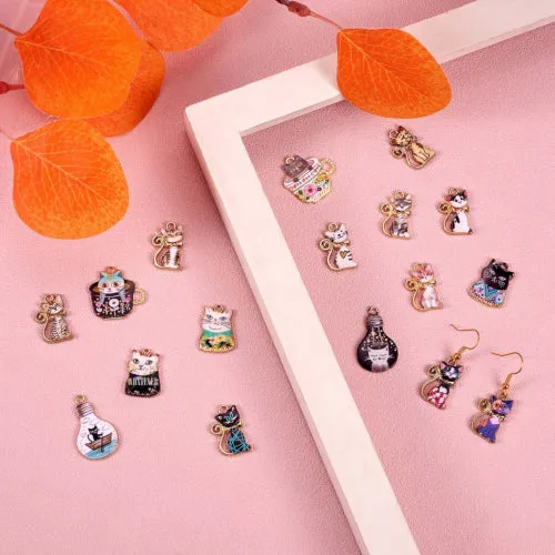 Charms, Cats, Single-Sided, Assorted, Multicolored, Enameled, Gold Plated, Alloy, 19.5-24.5mm