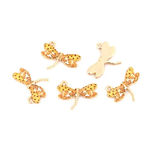 Charms, Dragonfly, Single-Sided, Golden, Yellow, Enameled, Alloy, 22mm