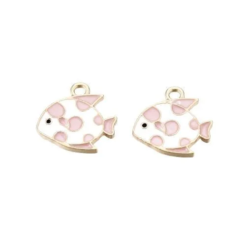 Charms, Fish, Single-Sided, Pink, Enameled, Gold Plated, Alloy, 15mm