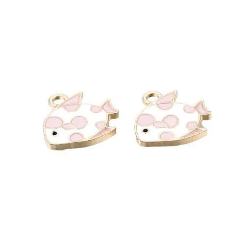 Charms, Fish, Single-Sided, Pink, Enameled, Gold Plated, Alloy, 15mm