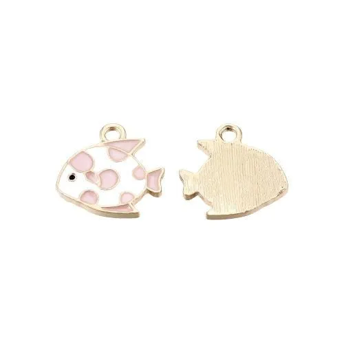 Charms, Fish, Single-Sided, Pink, Enameled, Gold Plated, Alloy, 15mm