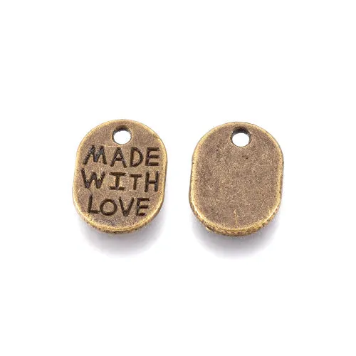 Charms, Tibetan Style, Single-Sided, Oval, With Words Made With Love, Antique Bronze, Alloy, 11mm