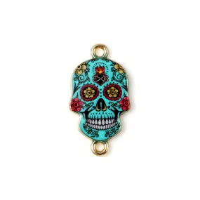 Connectors, Sugar Skull, Dia De Los Muertos, Single-Sided, Cyan, Enameled, Gold Plated, Alloy, 25mm