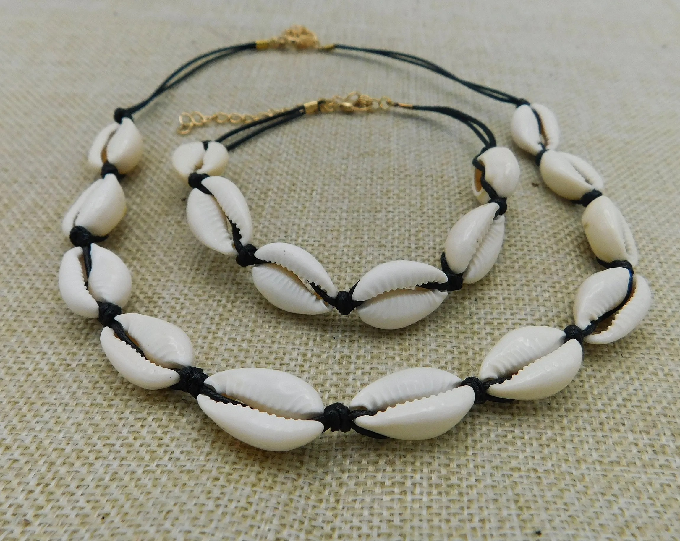 Cowrie Shell Choker Necklace Bracelet Ethnic Jewelry Set Adjustable Black