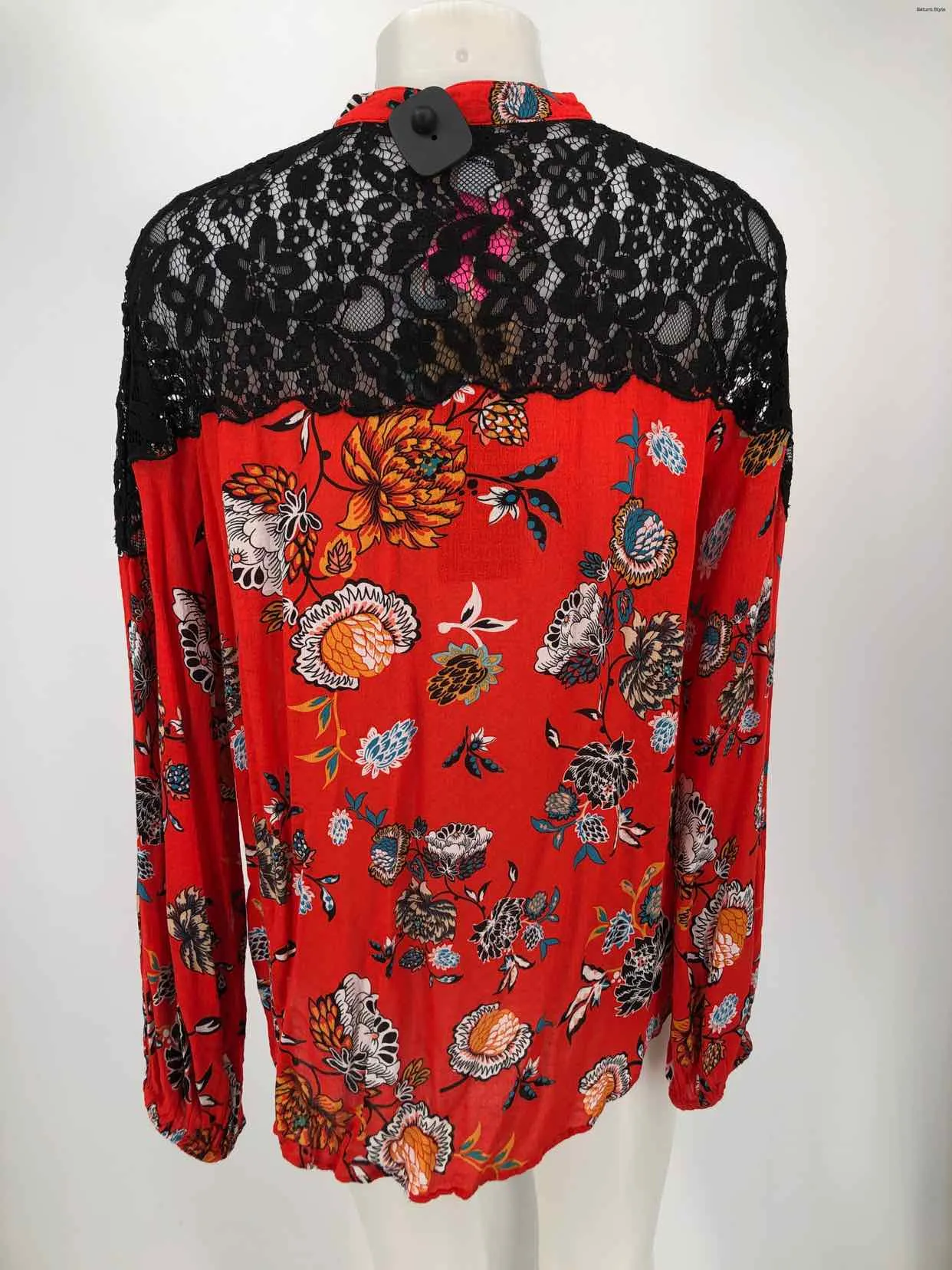 DESIGUAL Red Black Multi Print Longsleeve Size X-LARGE Top