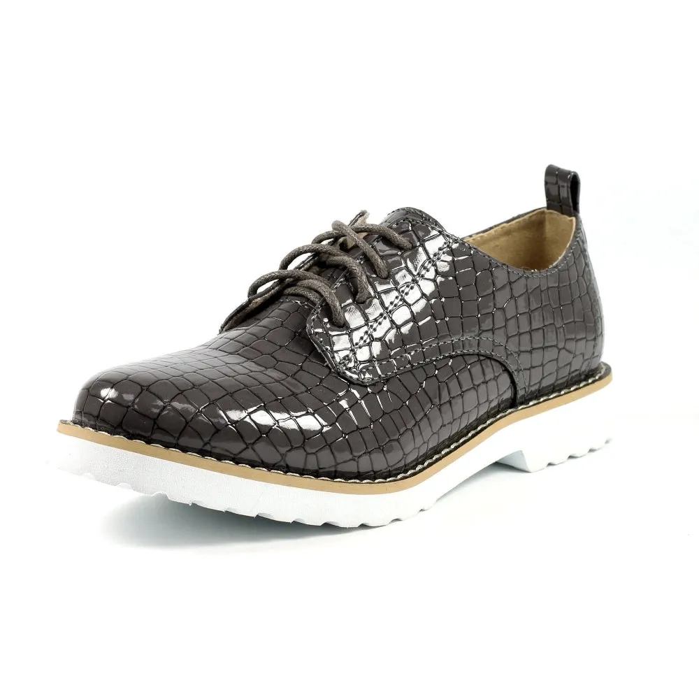 Lace Up Brogues Lunar Faux Croc Patent Ladies Casual Shoes Croft Grey