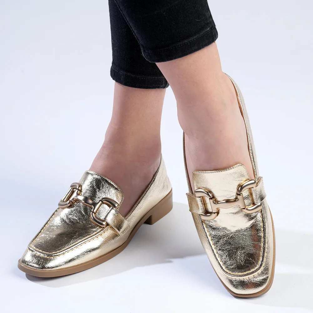 Madison Polly Loafer With Gold Metal Trim Detail - Champagne