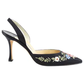 Manolo Blahnik Black Silk Satin Floral Embroidered Slingback Heels - 41 / 40