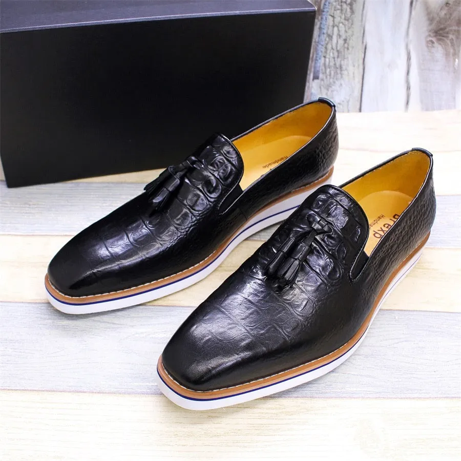 Men's Casual Cowhide Crocodile Fringe Cut Sewing Single Head Layer Shoes