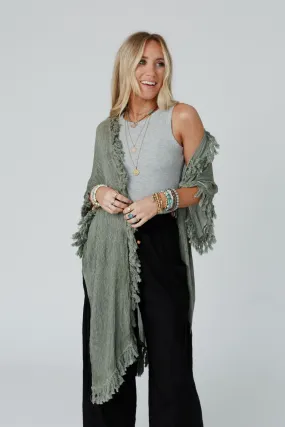 On The Edge Fringe Kimono - Olive