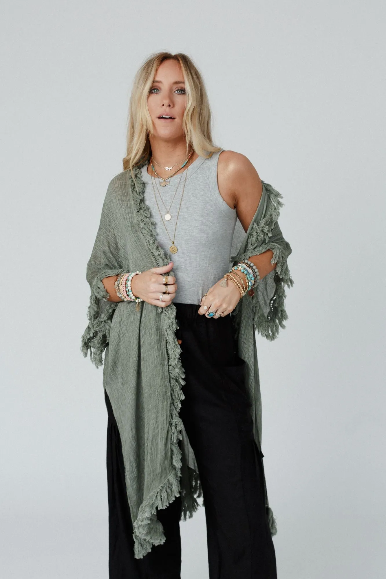 On The Edge Fringe Kimono - Olive