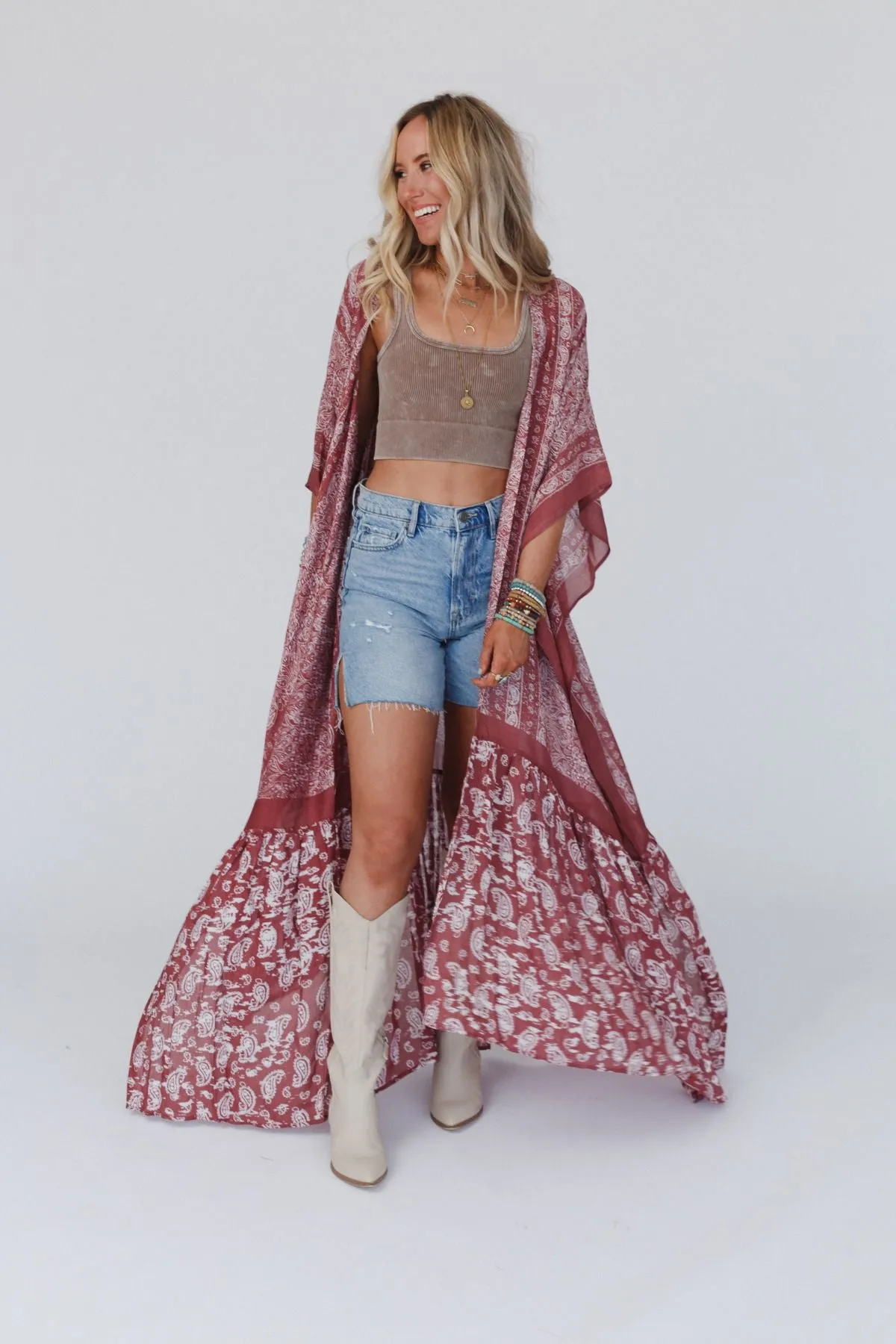 Paisley Tapestry Free Flow Duster Kimono - Wine