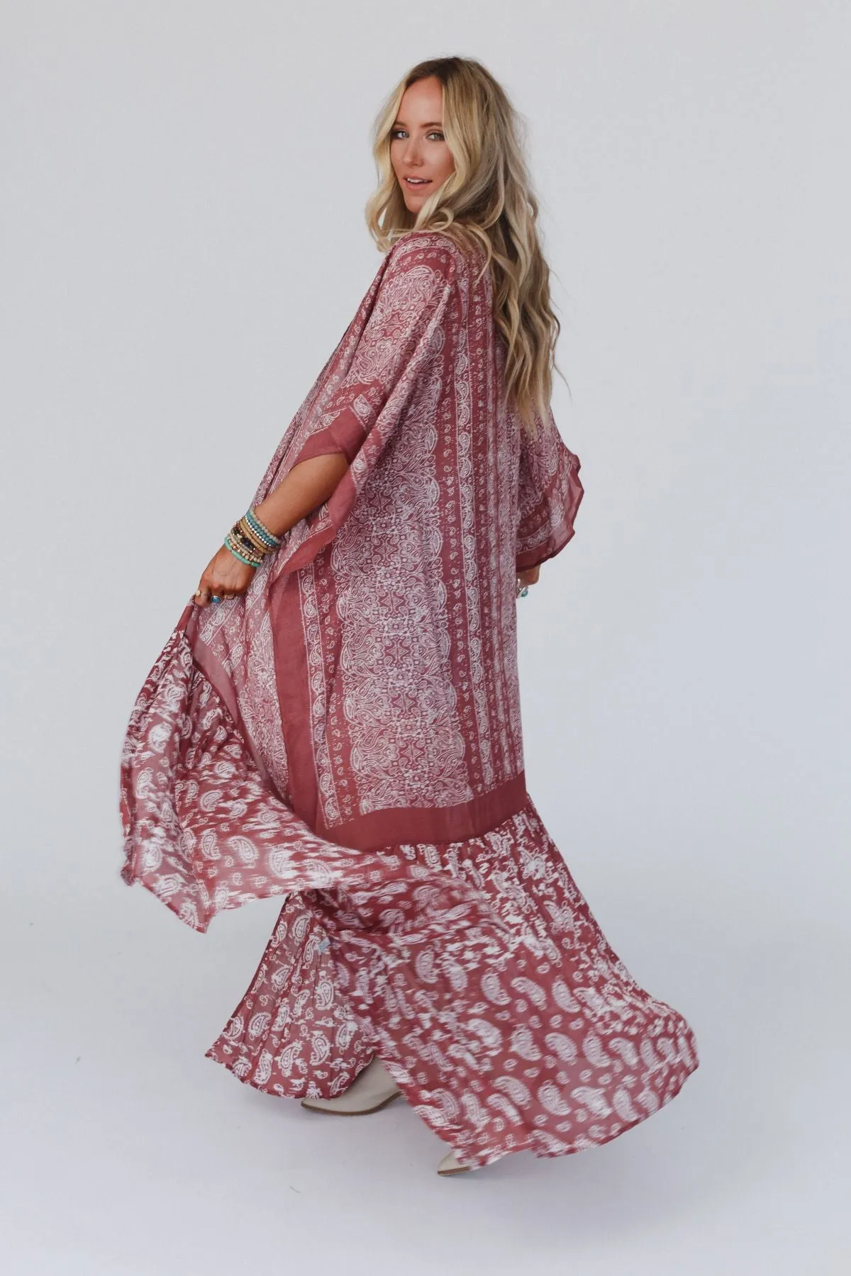 Paisley Tapestry Free Flow Duster Kimono - Wine