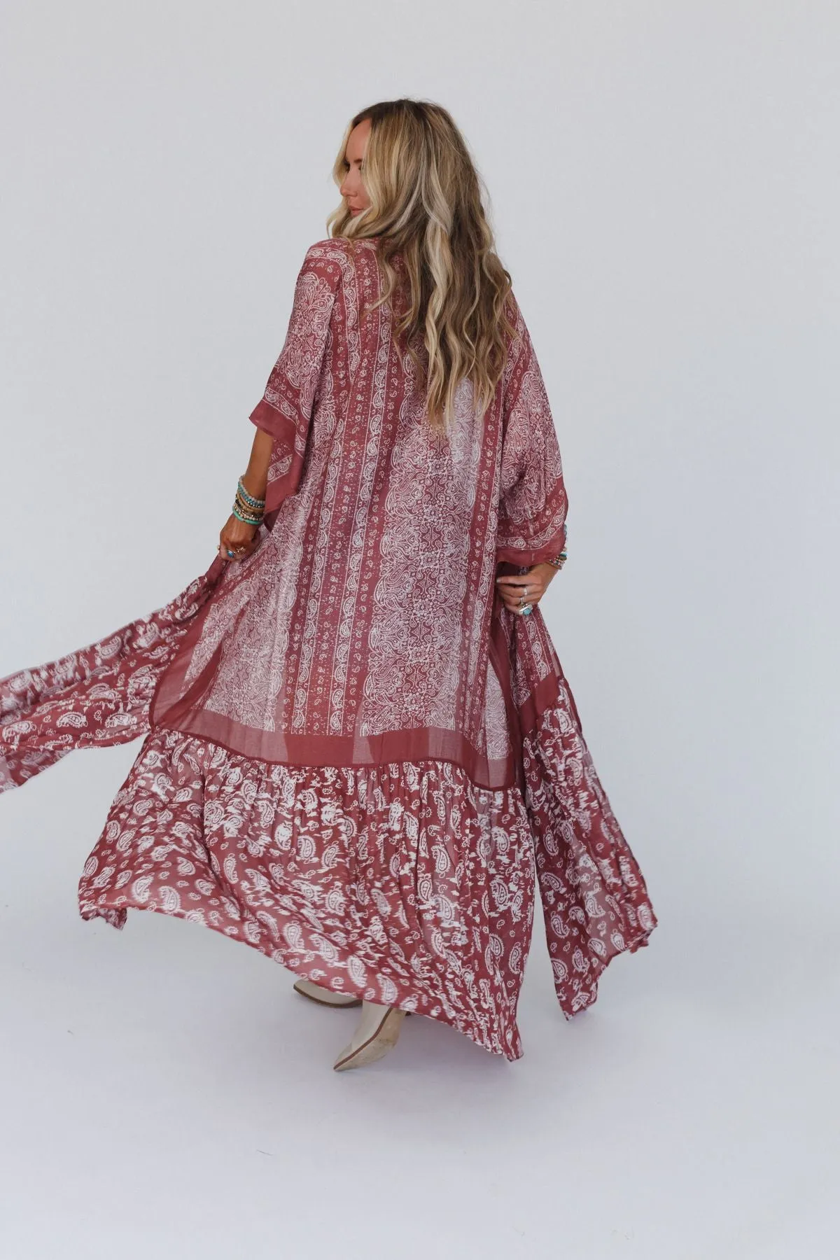 Paisley Tapestry Free Flow Duster Kimono - Wine