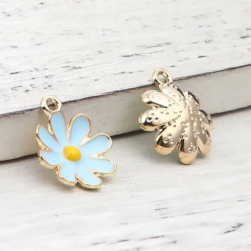 Pendants, Daisy, Flower, Single-Sided, Blue, Enameled, Gold Plated, Alloy, 18mm