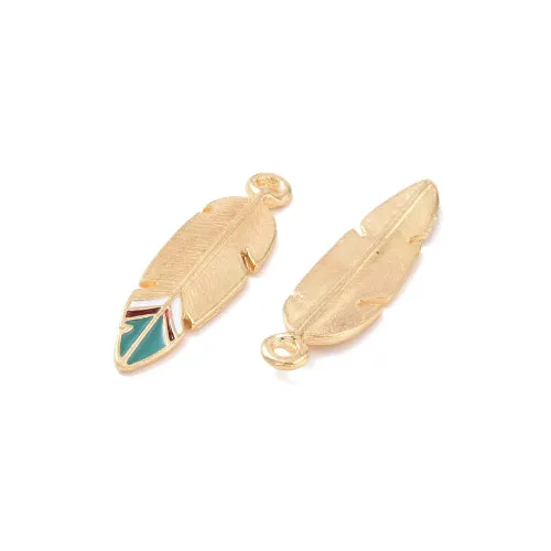 Pendants, Feather, Single-Sided, Green, Brown, Enameled, Light Gold, Alloy, 34.5mm