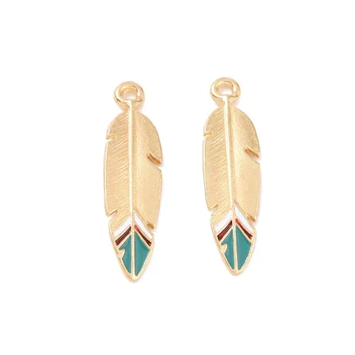 Pendants, Feather, Single-Sided, Green, Brown, Enameled, Light Gold, Alloy, 34.5mm