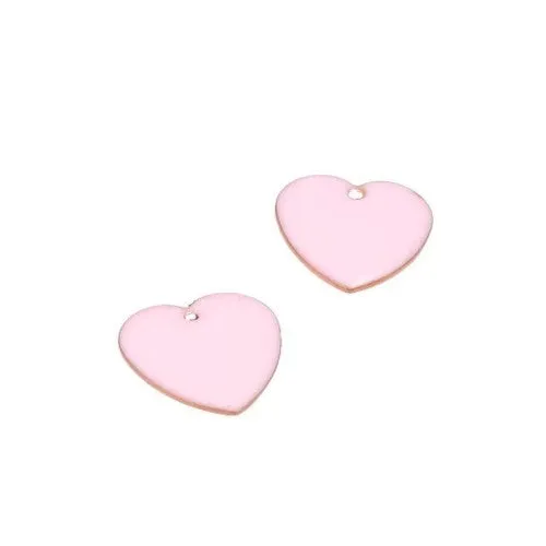 Pendants, Heart, Flat, Double-Sided, Pink, Enameled, Brass, Drops, 16mm