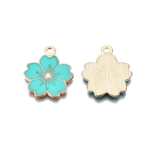 Pendants, Sakura Flower, Single-Sided, Dark Turquoise, Enameled, Light Gold Plated, Alloy, 20.5mm