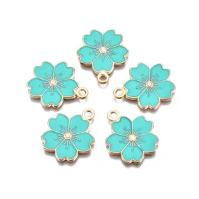 Pendants, Sakura Flower, Single-Sided, Dark Turquoise, Enameled, Light Gold Plated, Alloy, 20.5mm