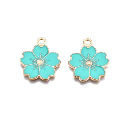 Pendants, Sakura Flower, Single-Sided, Dark Turquoise, Enameled, Light Gold Plated, Alloy, 20.5mm