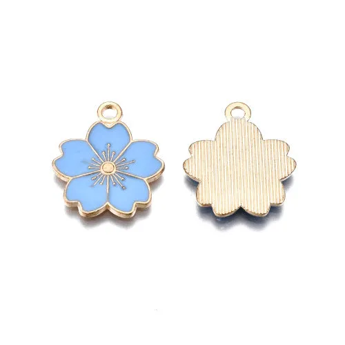 Pendants, Sakura Flower, Single-Sided, Light Sky Blue, Enameled, Light Gold Plated, Alloy, 20.5mm