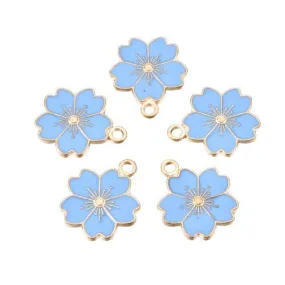 Pendants, Sakura Flower, Single-Sided, Light Sky Blue, Enameled, Light Gold Plated, Alloy, 20.5mm