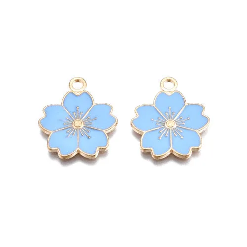 Pendants, Sakura Flower, Single-Sided, Light Sky Blue, Enameled, Light Gold Plated, Alloy, 20.5mm