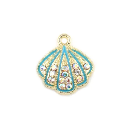 Pendants, Shell, Single-Sided, Micro Pave, Blue, Enameled, Light Gold Alloy, 18mm