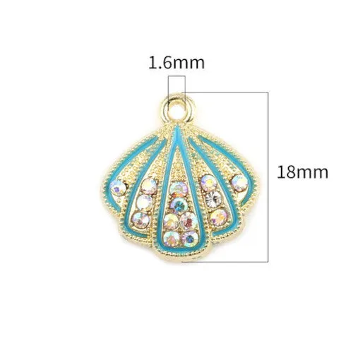 Pendants, Shell, Single-Sided, Micro Pave, Blue, Enameled, Light Gold Alloy, 18mm